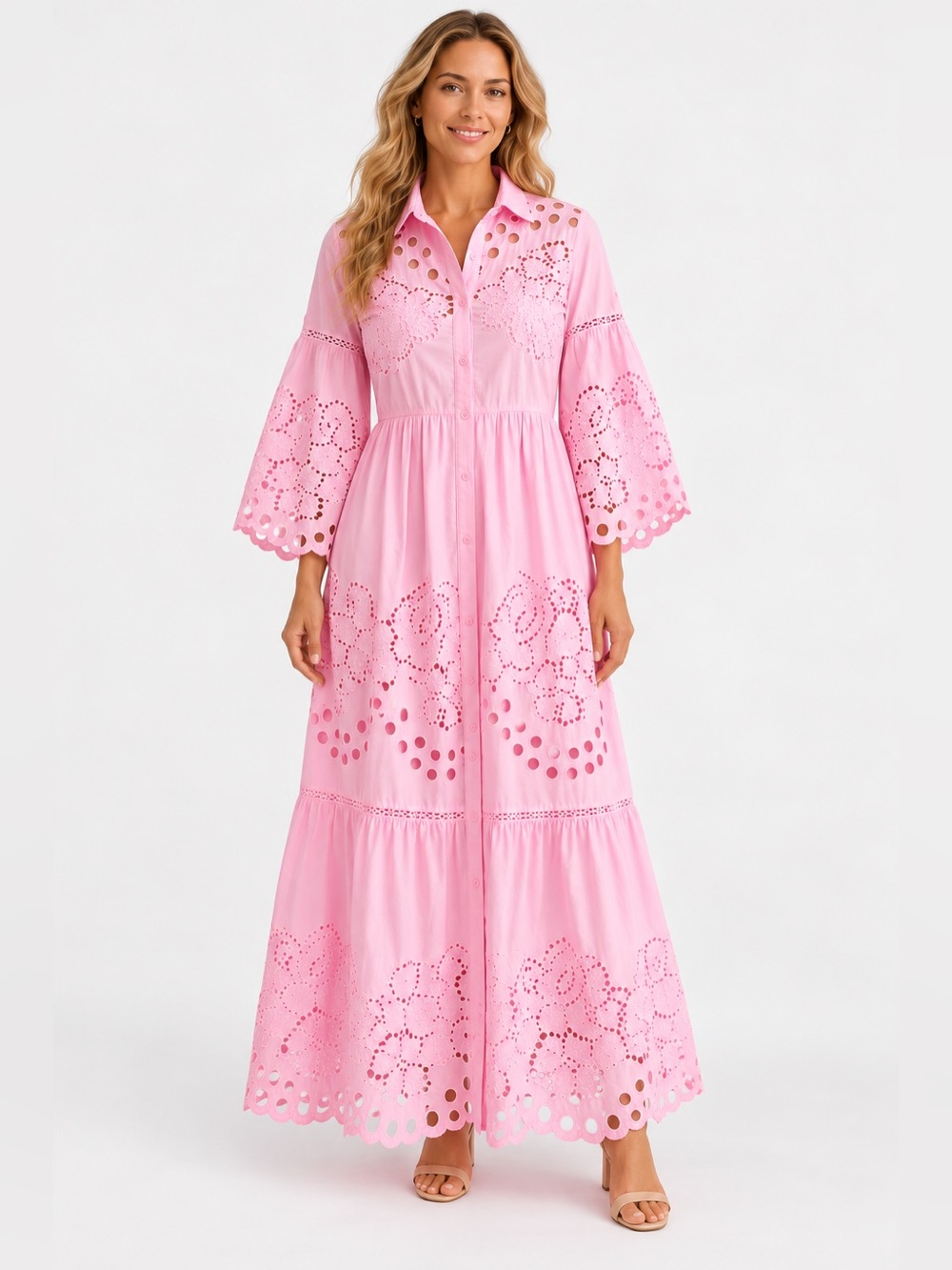 Solitaire Pink Eyelet Cotton Maxi Dress & Slip L